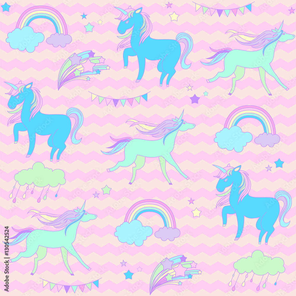 Blue and green unicorns with stars on a pink background waves.