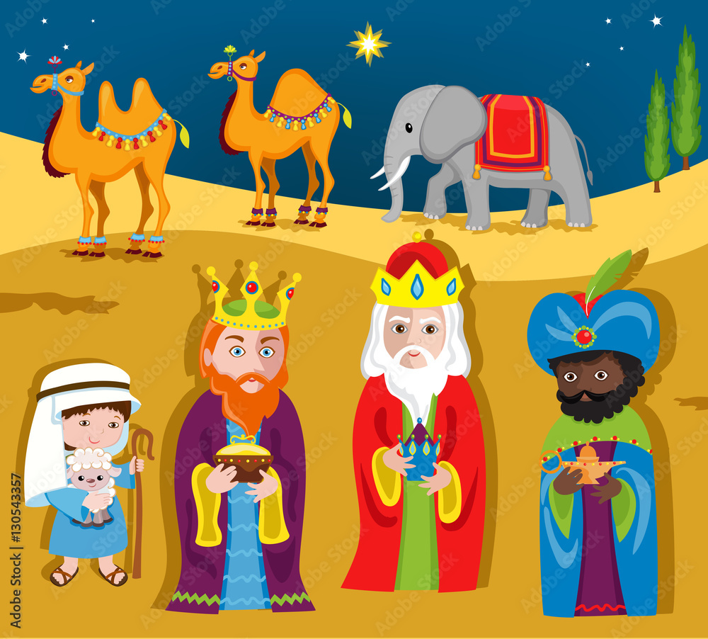 Three Wise Men bring gifts to Jesus on Christmas. Vector illustration isolated on white background.
