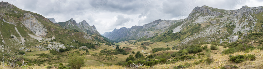 Panoramic view of Valley of the River Rio del Valle, in Somiedo Nature Reserve. It is located in the central area of the Cantabrian Mountains in the Principality of Asturias in northern Spain
