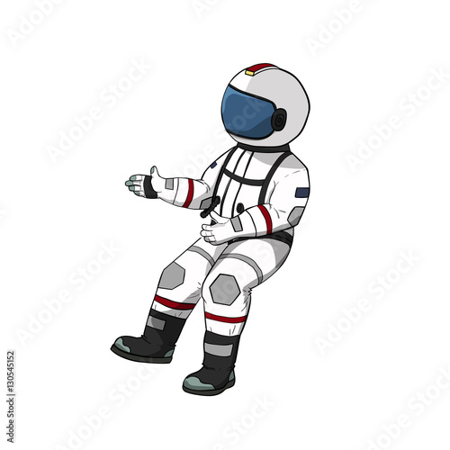 Astronaut fly in open space. Spaceman hand drawn color illustration.