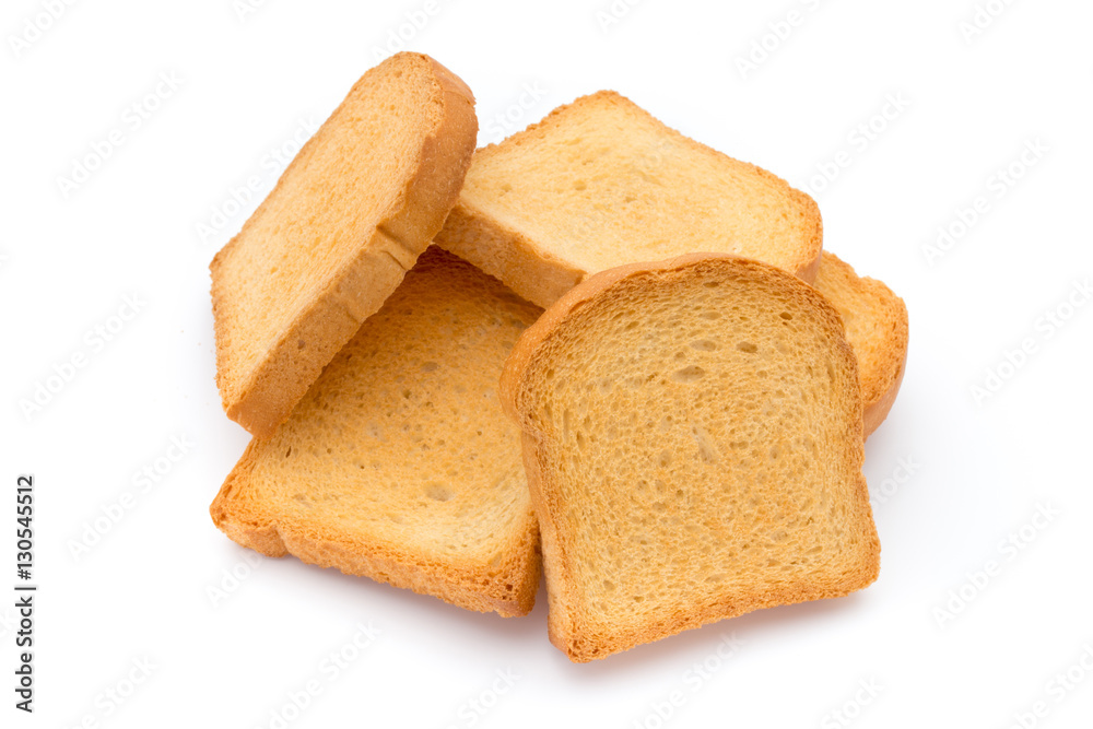 Slices of toast bread on wooden table, top view.