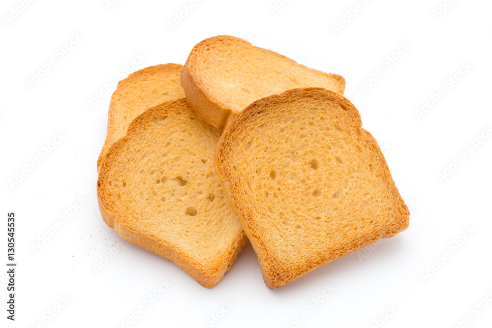 Slices of toast bread on wooden table, top view.