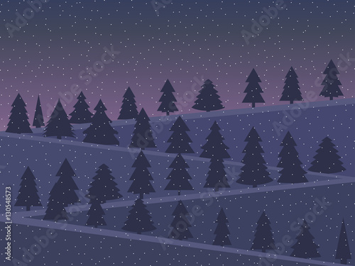 Night landscape with snow-covered Christmas trees in a flat style. Twilight in the mountains. Vector illustration.
