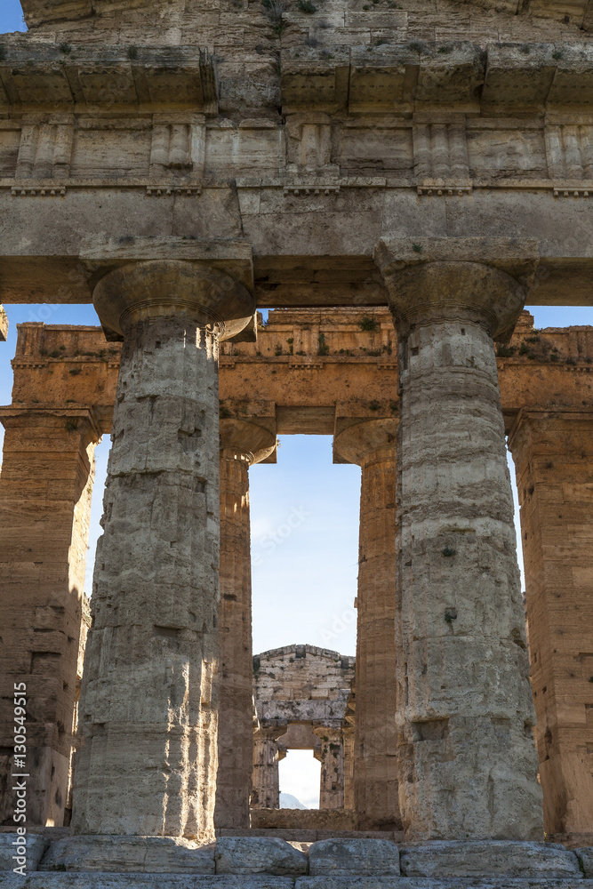 Internal view of greek Neptune temple in Paestum, Salerno Italy