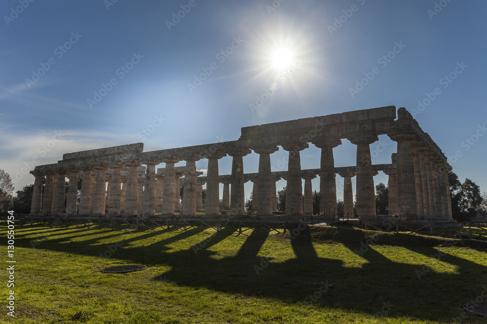 Greek temple of Hera, in the archaeological site of Paestum, Salerno, Italy