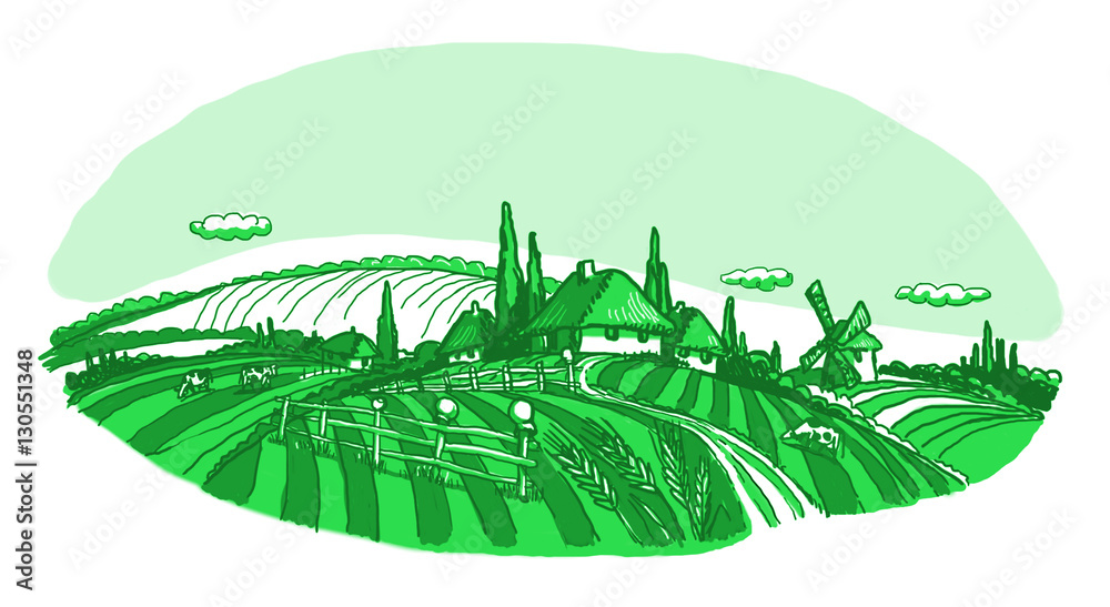 Cows, wheat and a mill. Rural landscape