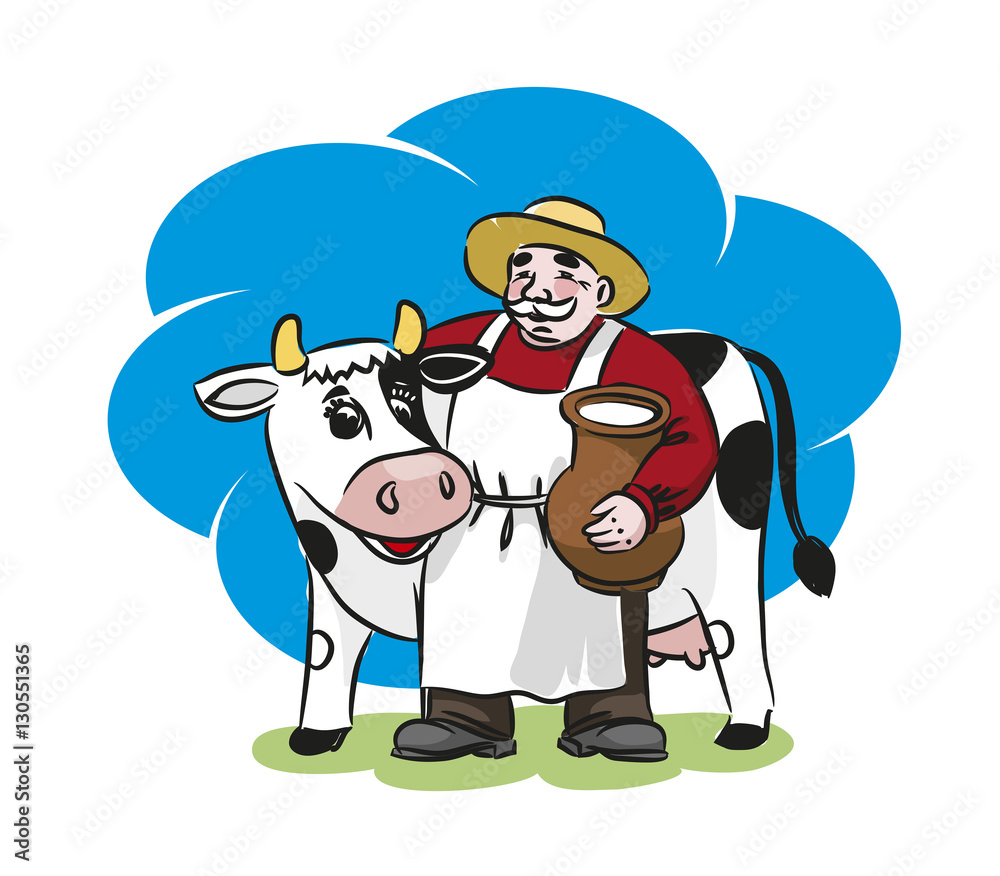 The milkman and a cow. A pitcher of milk Stock Vector | Adobe Stock