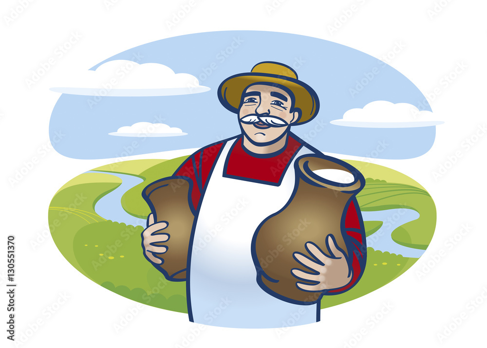 The milkman holding milk jugs on the background field