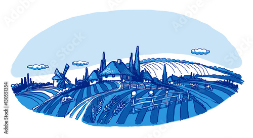 Rural landscape. Cows, wheat and a mill