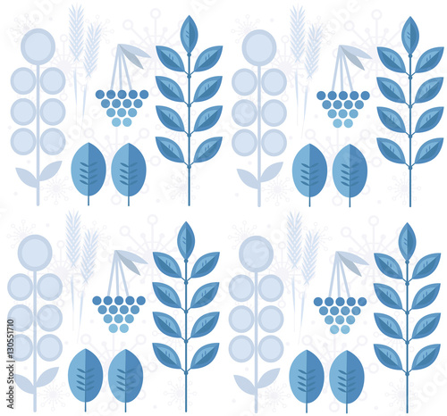 Seamless winter pattern with leaves, snowflakes, rowanberry