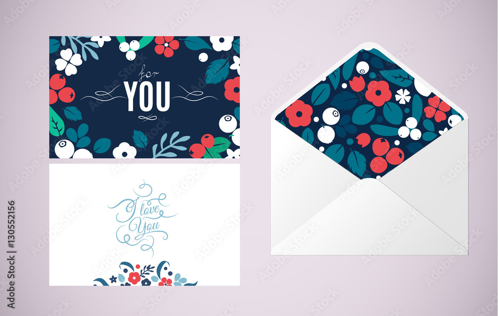 Vector greeting cards and envelope with folk art flowers
