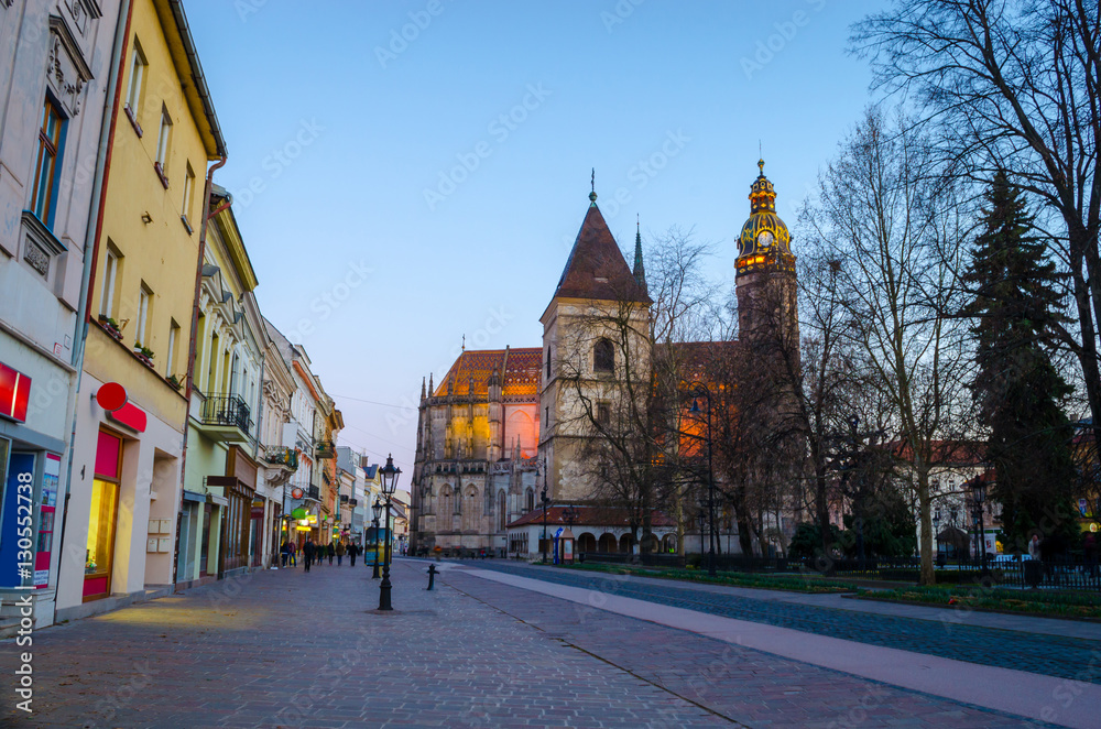 Architecture of the main street of Kosice and St. Elisabeth Cathedral at night Kosice, Slovakia, Europe