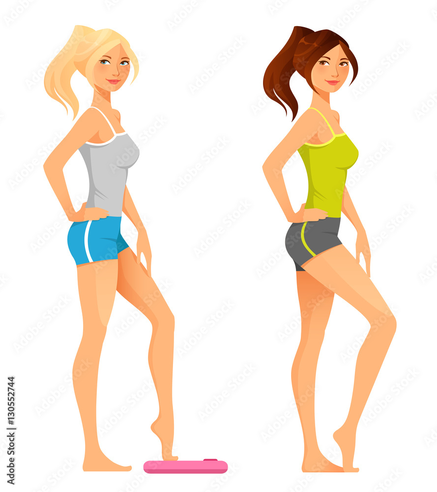 young slim woman in sportswear, stepping on scales young slim woman in sportswear, stepping on scales