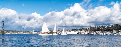 Seattle sailboats on Lake Union panoramic banner format