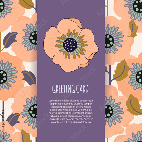 Tender floral greeting, wedding or menu template with cute poppy