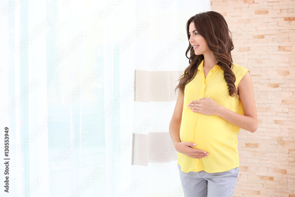 Young beautiful pregnant woman standing near window at home Young beautiful pregnant woman standing near window at home