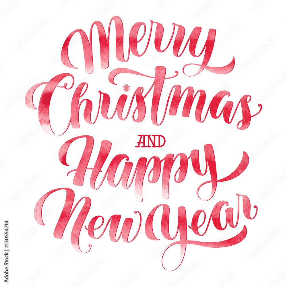 Watercolor Merry Christmas and Happy New Year text, calligraphic vector illustration isolated on white background. Red colored Merry Christmas and Happy New Year watercolor lettering, greeting text