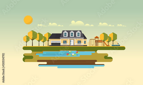 Flat Design Village Abstract Landscape. Vector Illustration.

