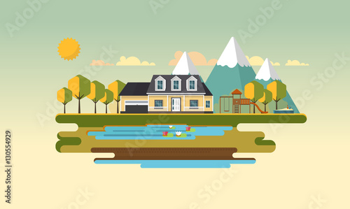 Flat Design Village Abstract Landscape. Vector Illustration.

