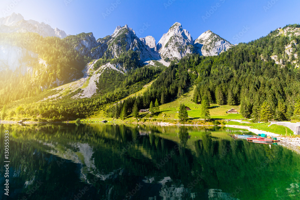 Tranquil summer scene on the Vorderer Gosausee lake in the Austrian Alps. Austria, Europe.