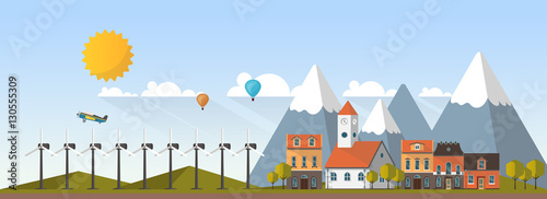 Flat Design Village Abstract Landscape. Vector Illustration.

