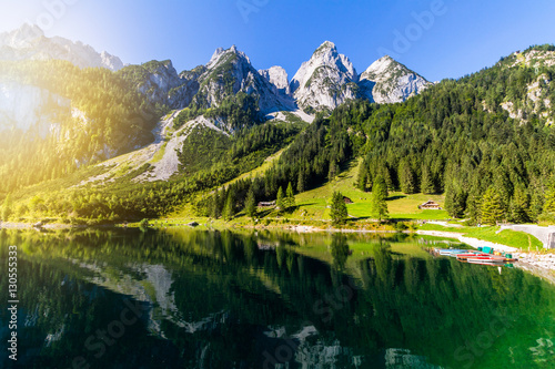 Tranquil summer scene on the Vorderer Gosausee lake in the Austrian Alps. Austria, Europe. photo