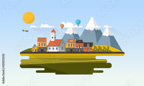 Flat Design Village Abstract Landscape. Vector Illustration.

