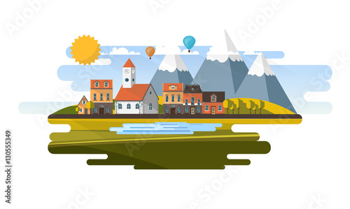 Flat Design Village Abstract Landscape. Vector Illustration.

