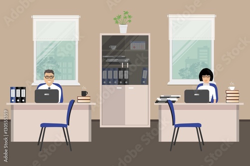 Web banner of two office workers. The young woman and man is an employees at work. There is furniture in white color on a windows background in the picture. Vector flat illustration
