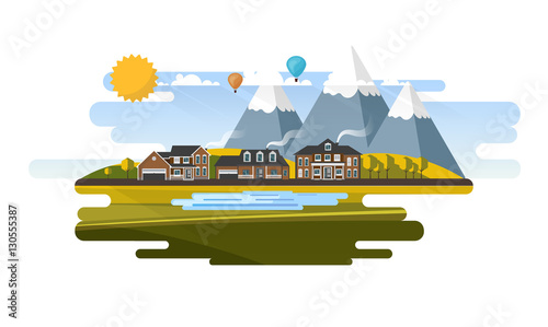 Flat Design Village Abstract Landscape. Vector Illustration.

