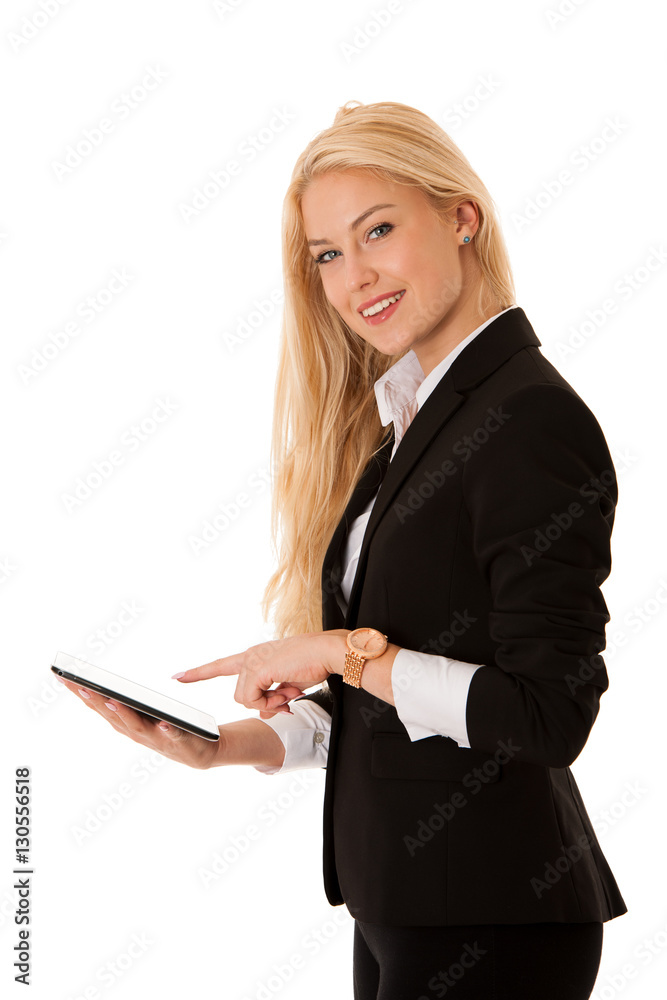 beautiful business woman working on tablet computer isolated ove beautiful business woman working on tablet computer isolated ove
