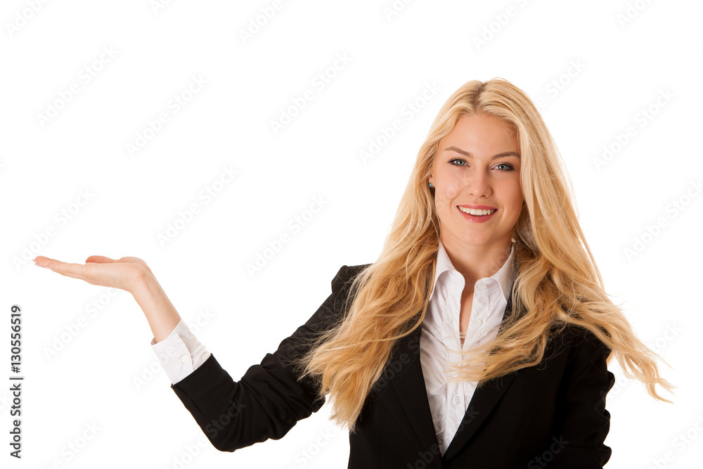 woman pointing to cpoy space - holding arm as presenting a produ woman pointing to cpoy space - holding arm as presenting a produ