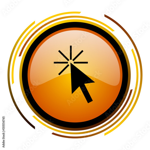 Click here arrow orange glossy web vector icon.