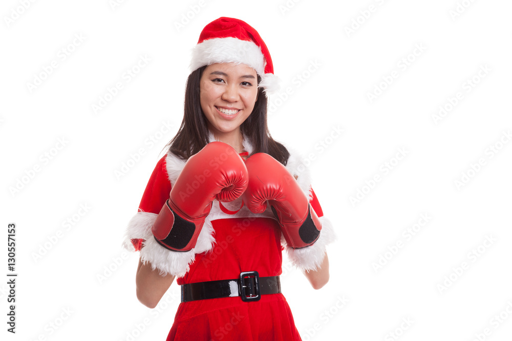 Asian Christmas Santa Claus girl with boxing glove. Asian Christmas Santa Claus girl with boxing glove.