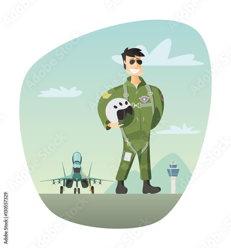Military pilot and fighter jet in background