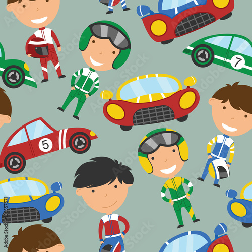 Vector collection of racing drivers and sport cars seamless patt