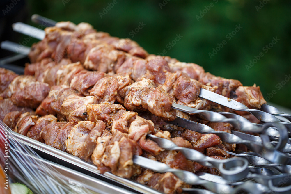 steak meat on metal kebab skewers steak meat on metal kebab skewers