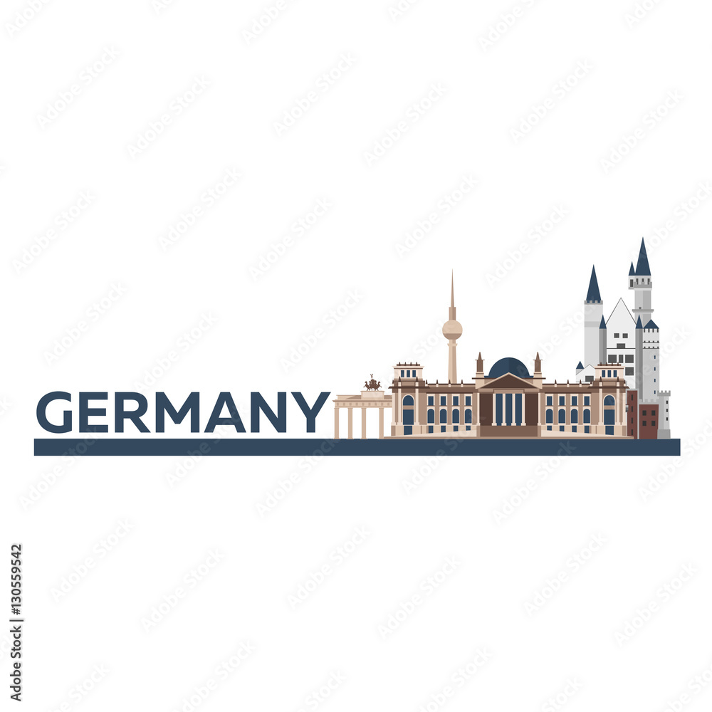 Travel to Germany, Berlin Poster skyline. Reichstag, Brandenburg Gate. Vector illustration.