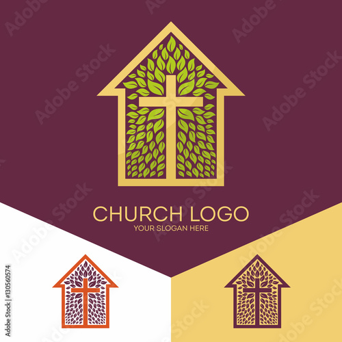 Church logo. Christian symbols. The cross of Jesus Christ and the church blooming
