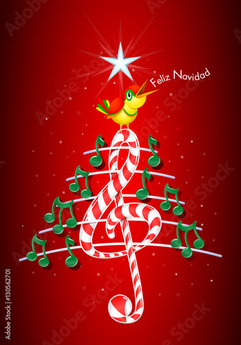 Christmas tree made of green musical notes, candy bar shaped treble clef and pentagram with yellow bird singing and title: FELIZ NAVIDAD -MERRY CHRISTMAS in spanish language- on starry red background photo