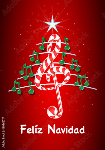 Christmas tree made of green musical notes, candy bar shaped treble clef and pentagram with title: FELIZ NAVIDAD -MERRY CHRISTMAS in spanish language- on red background with stars  - Vector image photo