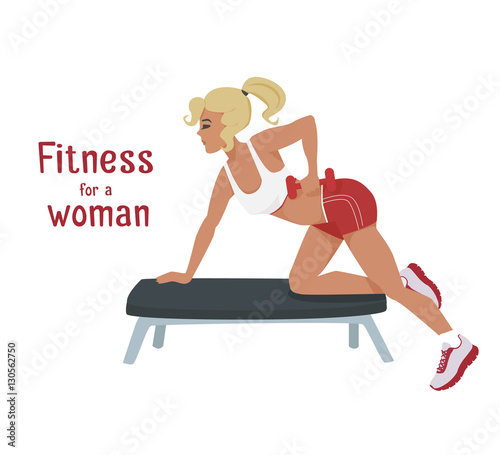 Vector girl makes arm, shoulder exercises with dumbbells on bench