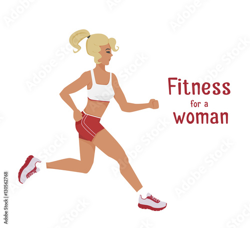 Vector girl goes jogging, woman makes cardio exercise