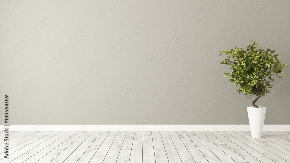 empty room with plant and brown wall - obrazy, fototapety, plakaty 