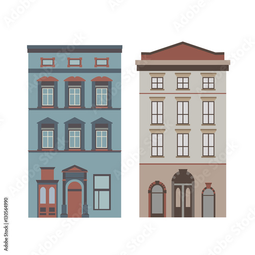 Beautiful detailed linear cityscape collection with townhouses. Small town street with victorian building facades. Template for web, graphic, game and motion design. Vector illustration