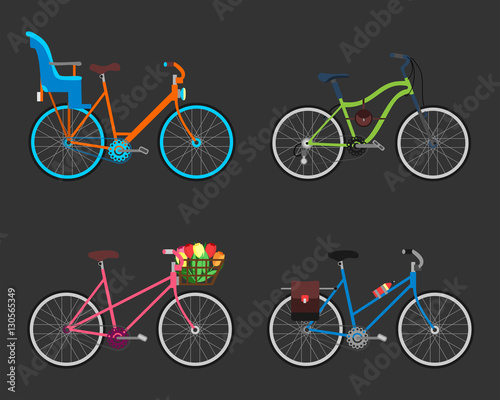 Vintage design four bicycle set. Retro old style bicycles transport wheel. Antique cycle transportation. Vector