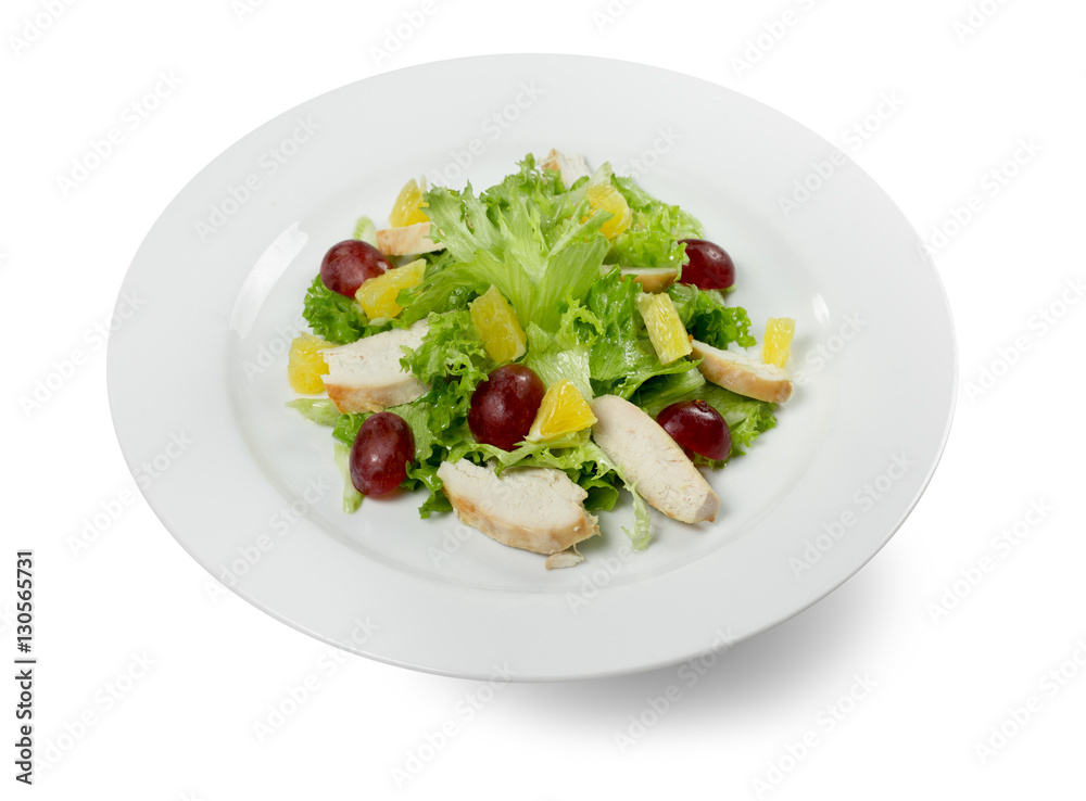 salad with grapes and chicken slices isolated on the white backg