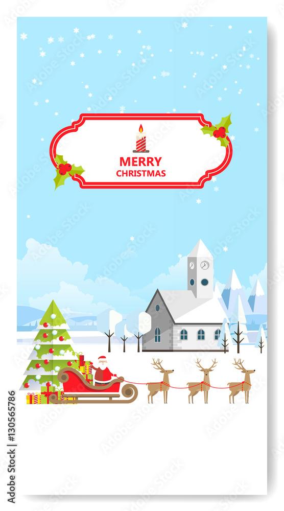 Fototapeta premium Merry Christmas Greeting Card Flat Style Vector Illustration.