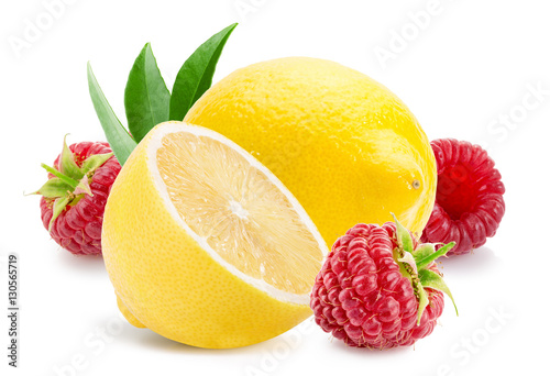 lemons and raspberries isolated on the white background