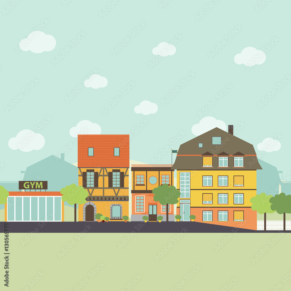 Small urban town life infographic elements. Flat design style. Vector illustration